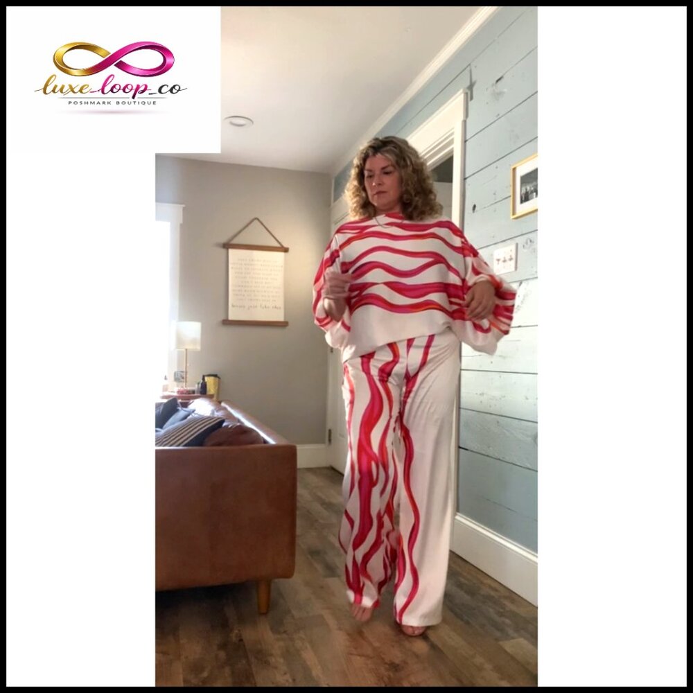 Satin Wide Leg Pant Set Off Shoulder Long Sleeve Loose Fit 2 Piece Outfit - Picture 6 of 6